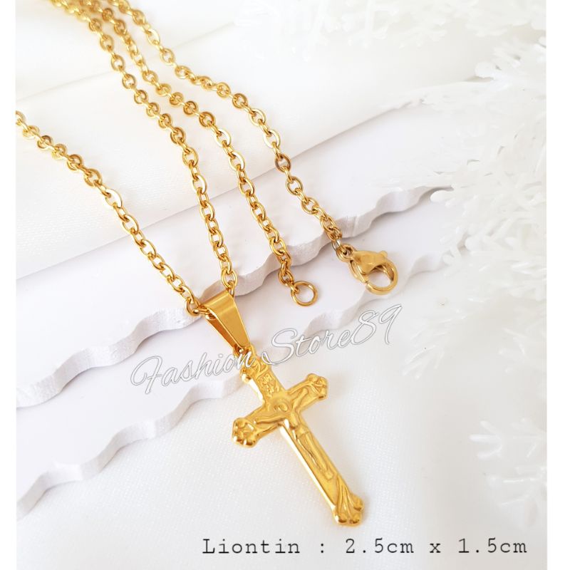 kalung Titanium Salib Gold Kalung Liotnin salib jesus rohani impor titanium gold antikarat