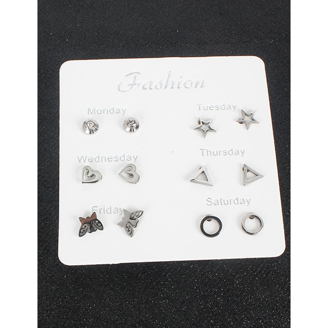 LRC Anting Set Fashion Silver Butterfly Five-pointed Star Diamond Heart K60435