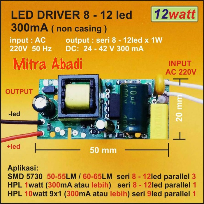 LED Driver 8-12x1 Watt 300 mA AC-DC Tanpa Casing