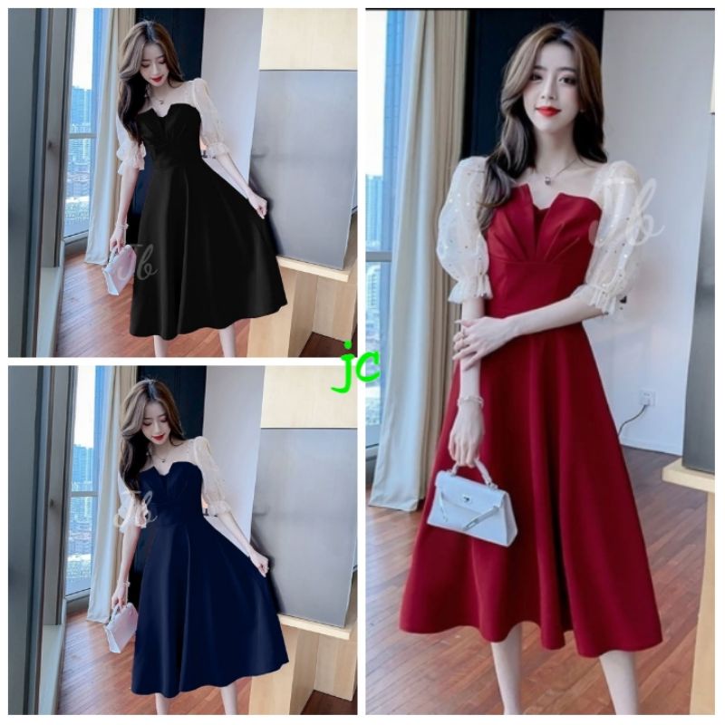 JCV- Dress Kimnara Sincia / Dress Midi Wanita Mewah / Dress Korea / Dress Pesta / Dress Natal Terbaru