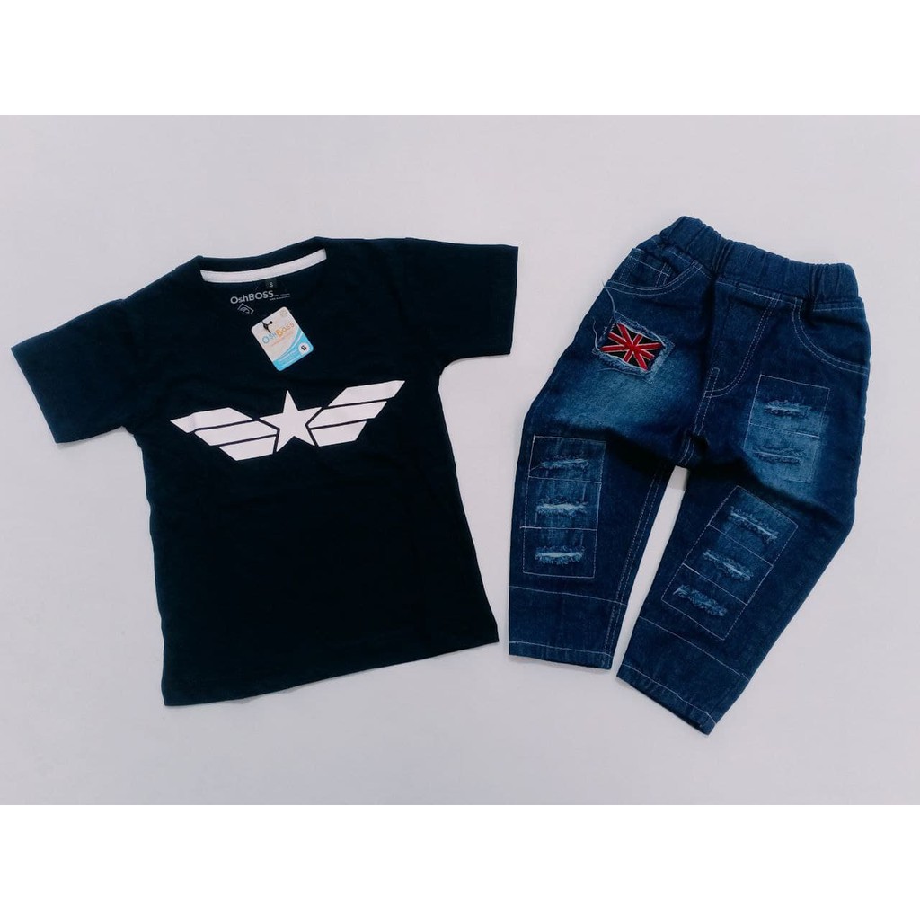 BAJU STELAN ANAK LAKI LAKI KAOS DISTRO DAN CELANA RIPPED BENDERA PPREMIUM OSHBOSS 1-5