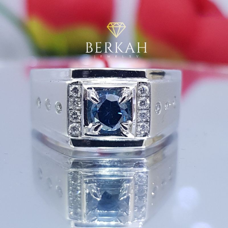 Cincin Pria Perak Palladium Berlian Biru Asli Fancy Blue Diamond