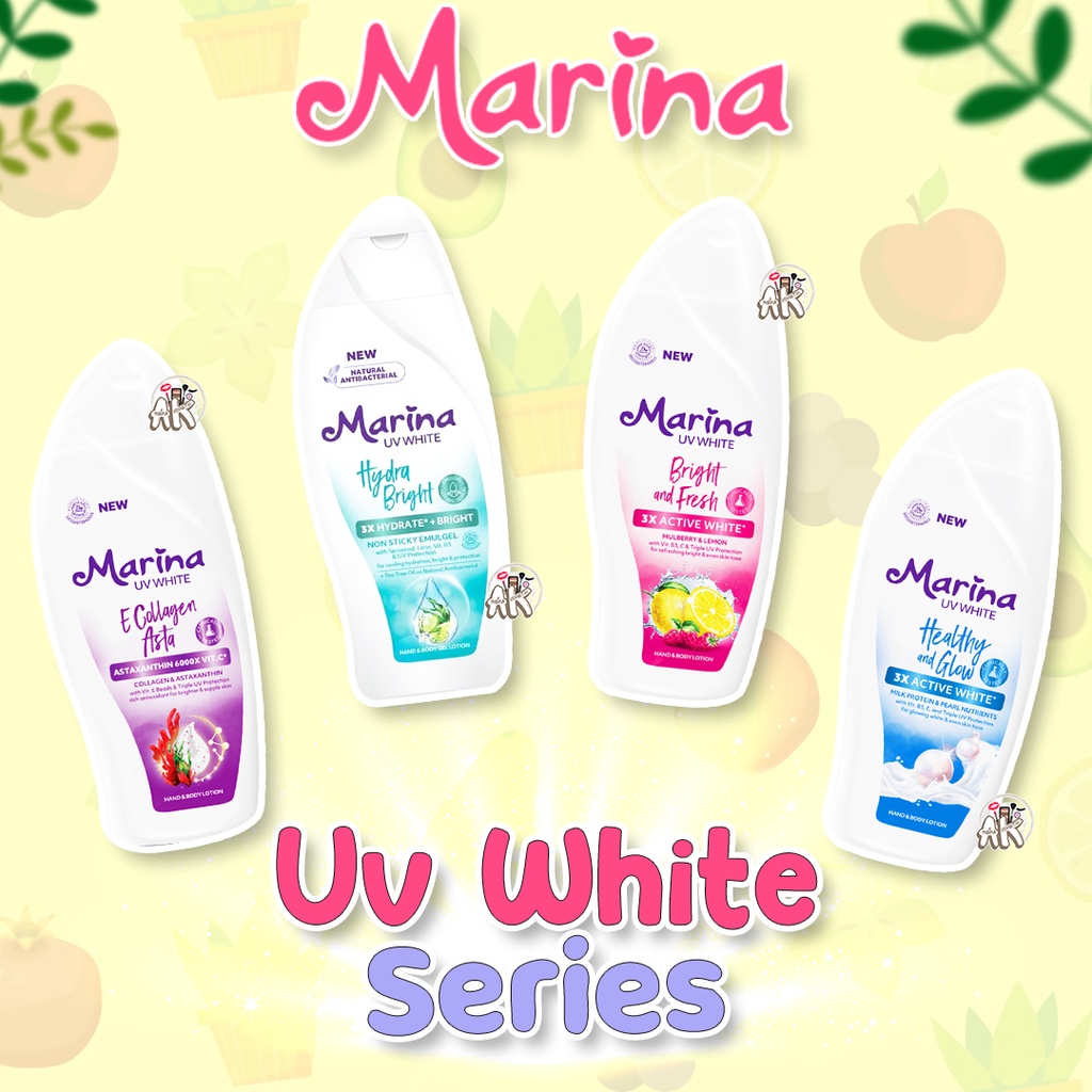 MARINA HAND BODY LOTION UV WHITE SERIES 92ML / 185ML ( BRIGHT &amp; FRESH / E COLLAGEN ASTA / HEALTHY AND GLOW / HYDRA BRIGHT )