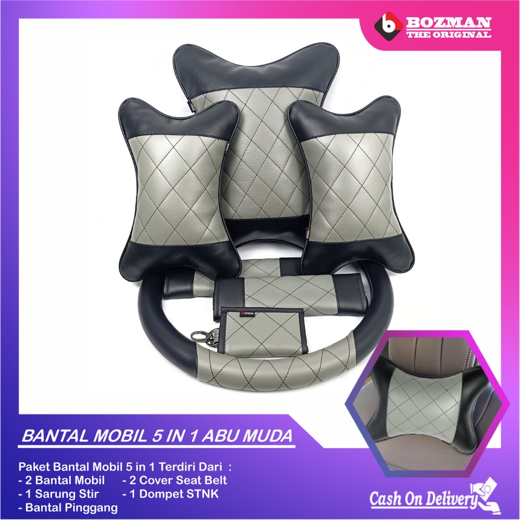 Set Bantal Mobil 5 in 1 Premium Bantal Leher Bantal Pinggang Cover Stir Seatbelt Free Dompet STNK