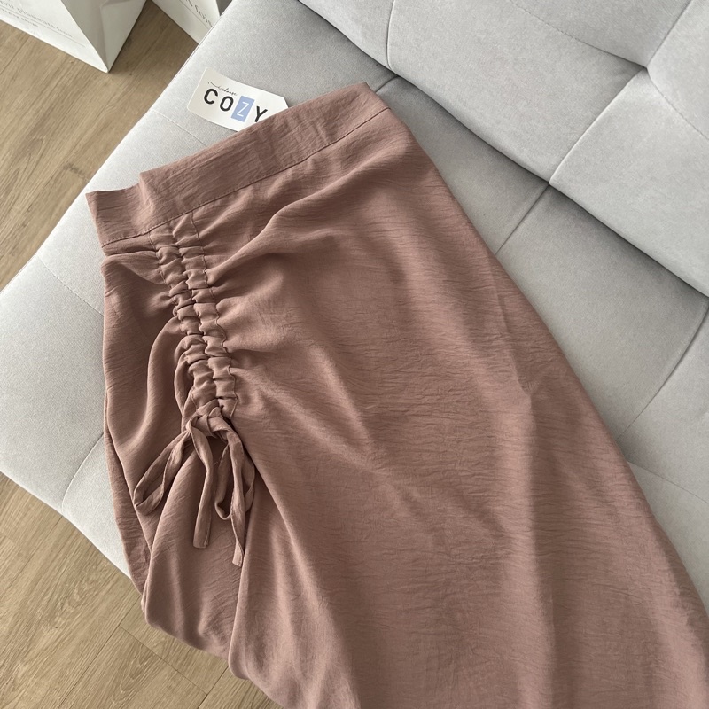 Tamara Skirt - Rok Serut Casual Flowy - Midi Maxi Ruched Skirt - Rok Wanita Korean Look-Brown