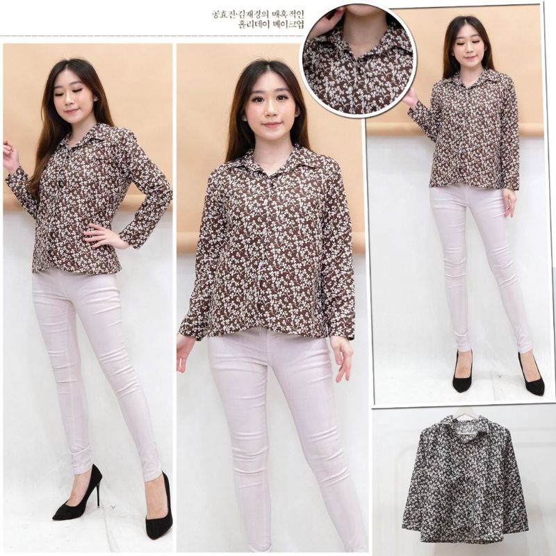 kemeja print floral cewek Hitam coklat kancing depan shirt kuliah lengan panjang