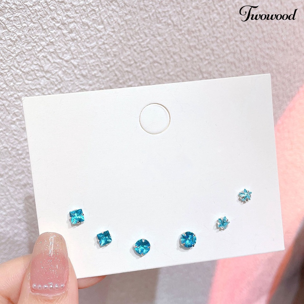 3 Pasang Anting Stud Cubic Zirconia Bentuk Bulat Geometris Bahan Alloy Untuk Wanita