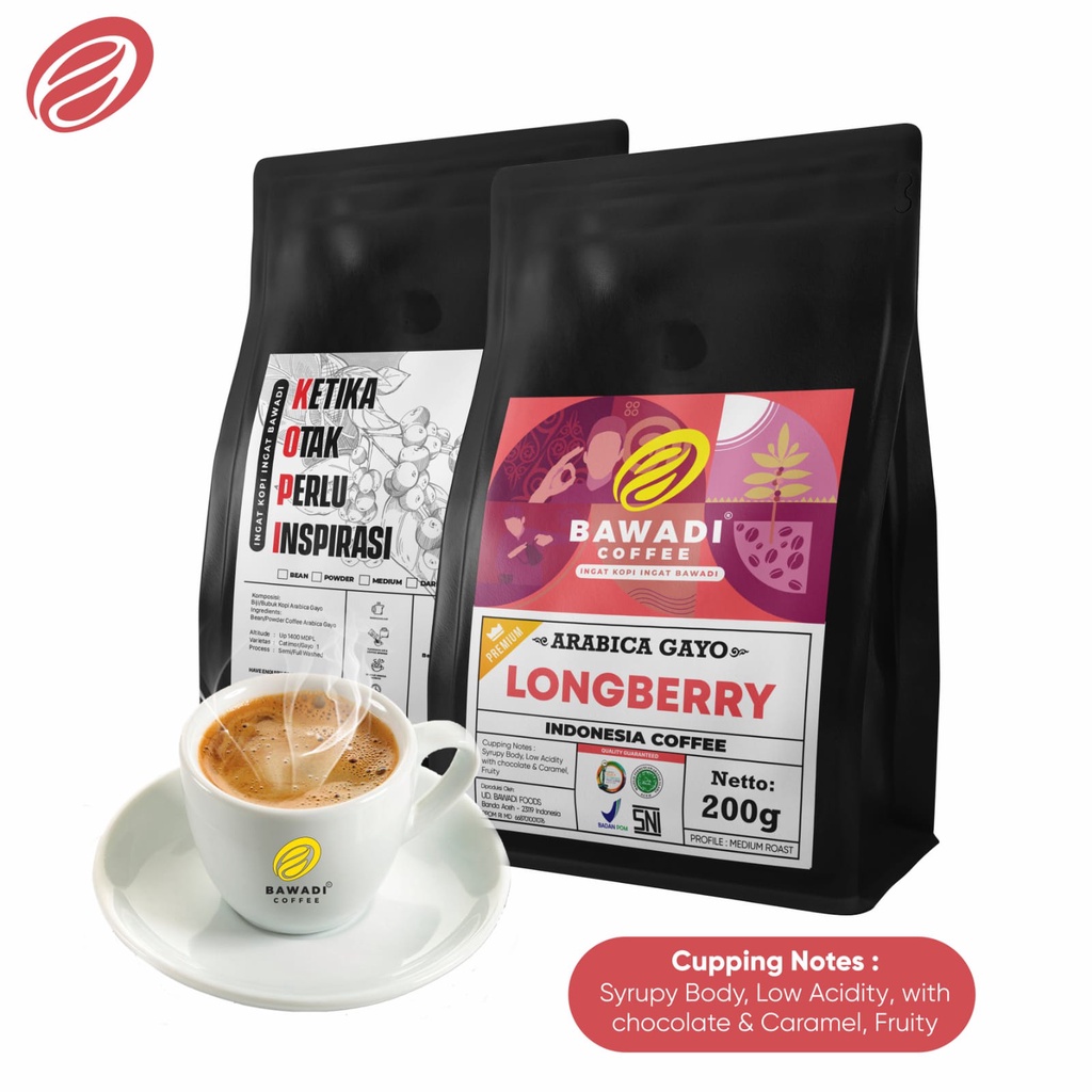 Kopi Arabica Gayo Longberry 200gr - Bawadi Coffee - Arabica Gayo Premium - Kopi Aceh - Kopi -