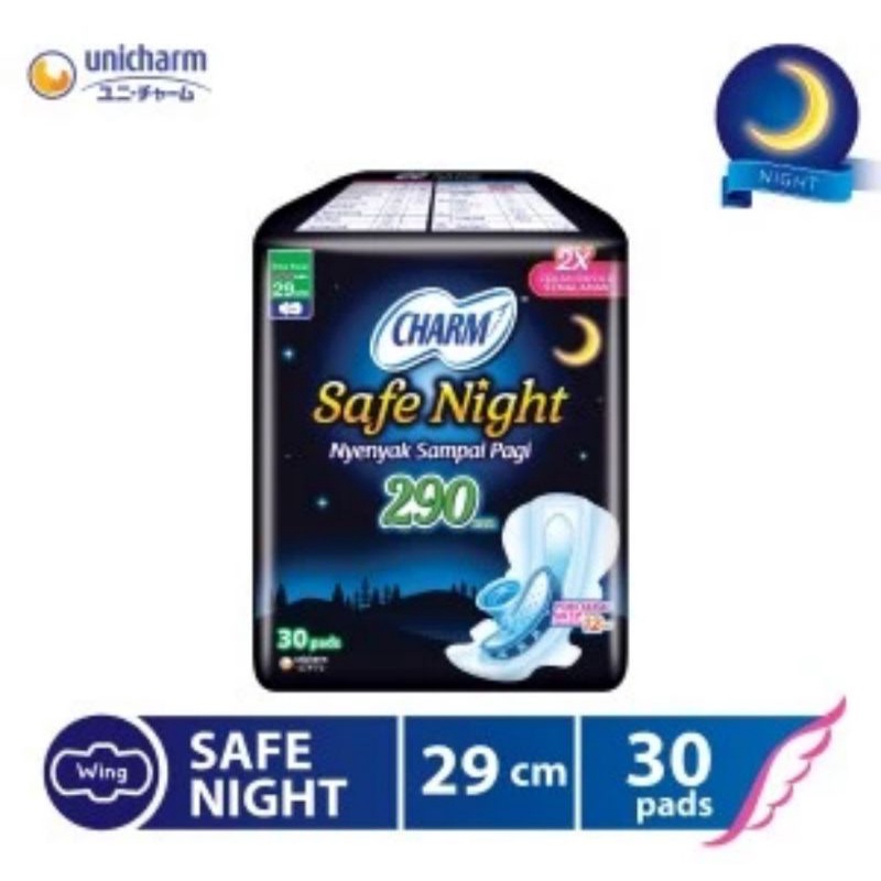 CHARM Pembalut safe Night day super night 35cm 23cm 29cm Wing non wing isi 20 isi 30 Day isi 20