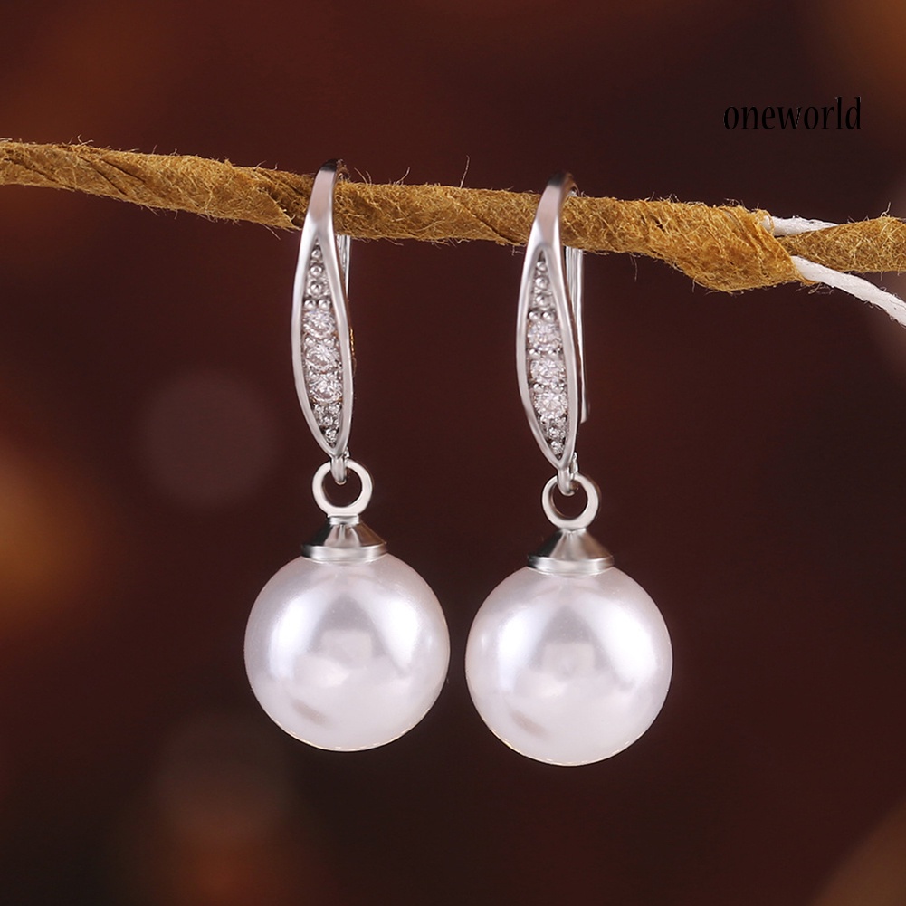 OW# Elegant Women Rhinestone Inlaid Faux Pearl Dangle Hook Earrings Jewelry Gift