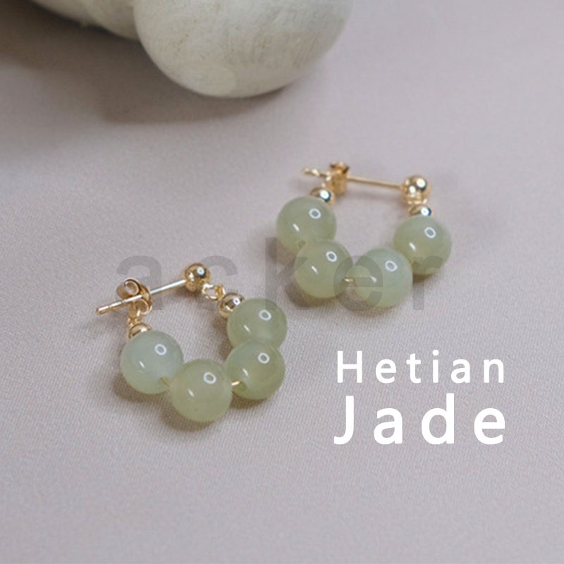 Anting Stud Manik-Manik Giok Alami Empat Hetian Untuk Wanita