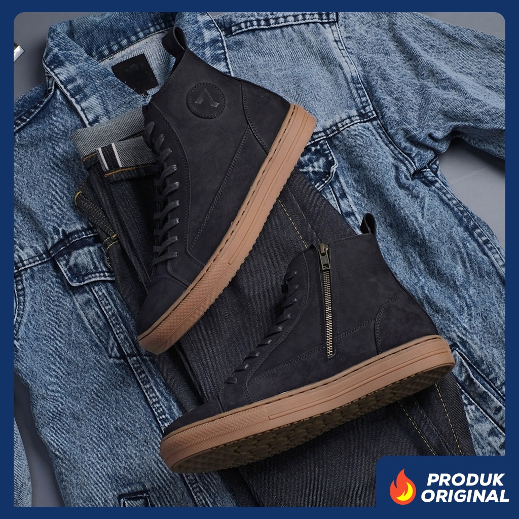 BRAVE BLACK DOFF GUM ORIGINAL x REYL MAN Sepatu Kulit Sapi Asli Pria Boots Tinggi Hitam Tali Resleting Casual Formal Klasik Vintage Jalan Kuliah Kerja Touring Riding Motor Classic Zip Boot Genuine Leather Footwear Big Size Ukuran Jumbo 44 Keren Kekinian