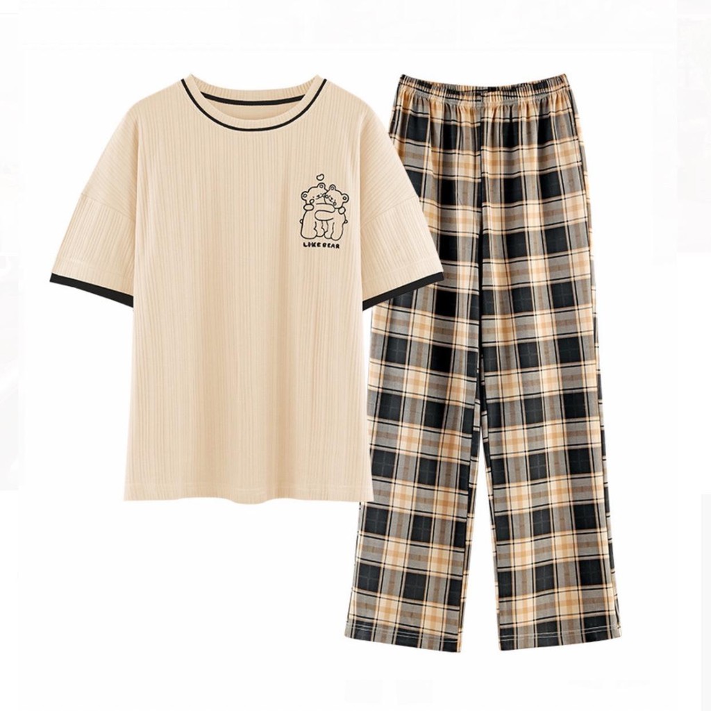 Baju Tidur Piyama Set/Piyama Wanita Import/Baju Piyama Cantik Celana Panjang/Woman Sleep Wear-Cream