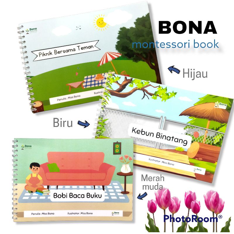 Buku cerita montessori/ Buku bacaan anak/ buku montessori seri merah muda biru hijau