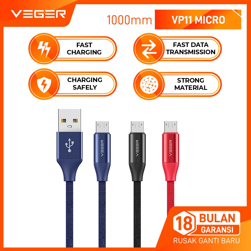 VEGER Durable Kabel Data Cable USB MICRO VP-11 Quick charge Fast Charging High Speed 1000mm