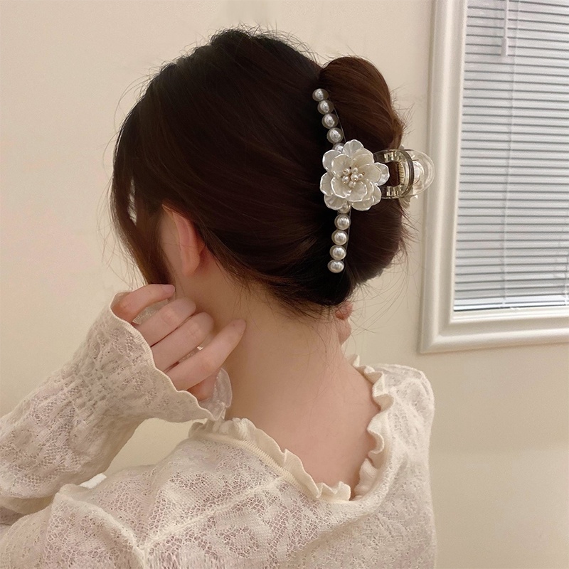 Elegant Resin Flower Pearl Hair Clip Women Hair Bun Claw Hairclip Barrette