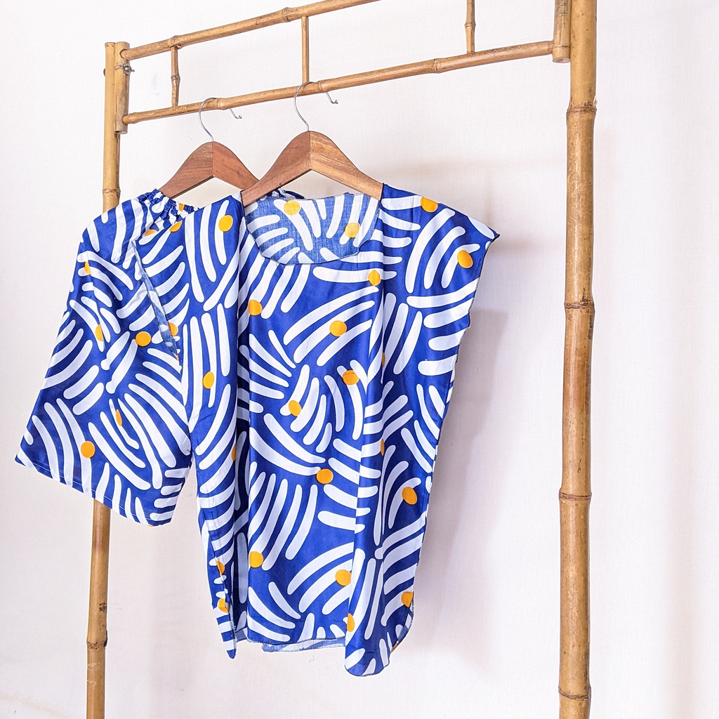 Baju Tidur Tanpa Lengan Piyama Krill Setelan Midi Homewear Homey Dress Baby Doll Dewasa Nyaman Di Rumah Santai WFH Rayon One Set Pajamas-Webbing Blue