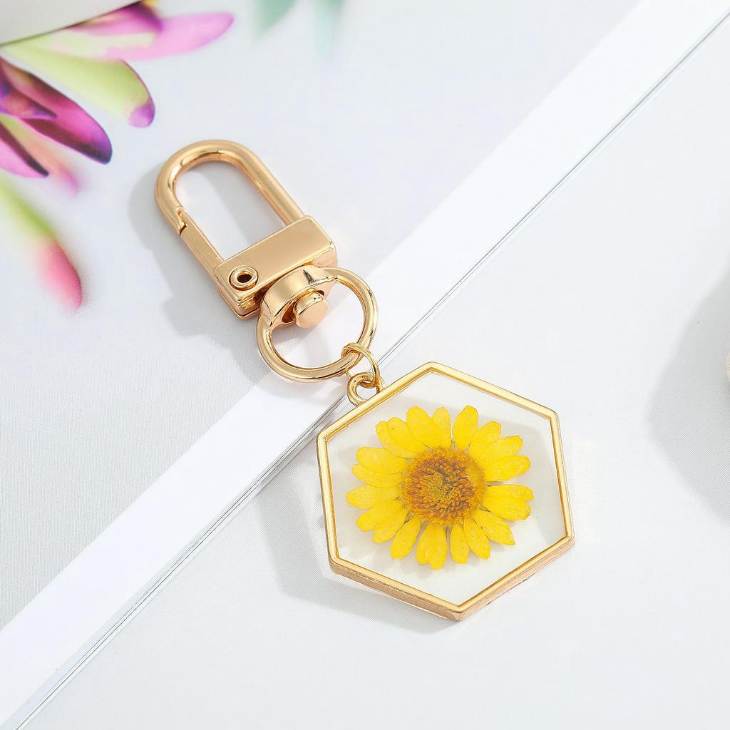 Bunga Kuning Bulat Bunga Kering Gantungan Kunci Natural Flower Dropping Oil Daisy Keyring Liontin Hadiah Untuk Perempuan