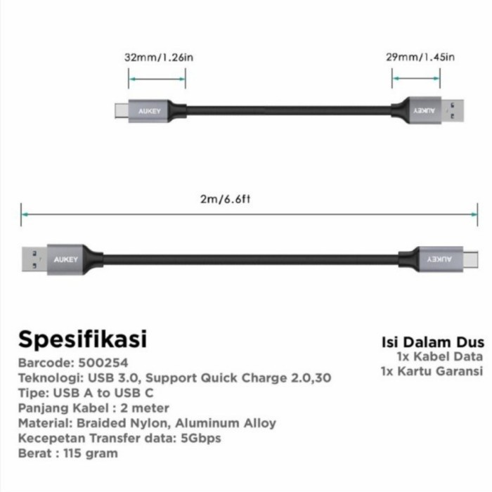 Kabel Data Aukey Cable CB-CD3 2M Braided Type C USB 3.0