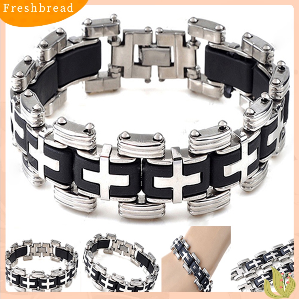 Terlaris Men's Fashion Punk Style Cross Stainles Steel Silicone Bracelet Bangle Wristband