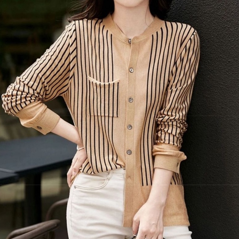 6555 Baju Pakaian Atasan blouse blus blose blouses kemeja lengan panjang garis import impor cewek sa