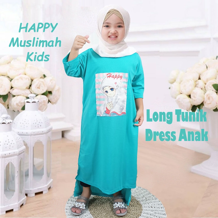 DRESS ANAK LONG TUNIK OVERSIZE HAPPY KIDS MURAH CANTIK MUSLIMAH PEREMPUAN 2-13tahun CARLINA