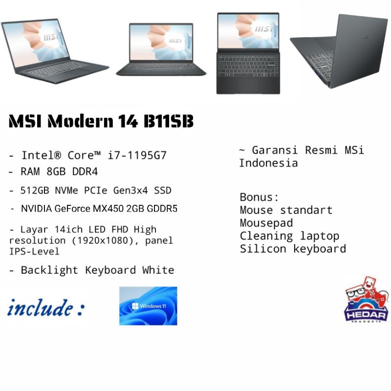 MSI Modern 14 B11SB i7 1195G7 8GB 512GB Mx450 2GB W11 14 FHD