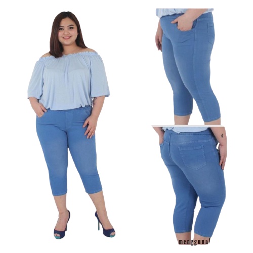 Celana Jeans Wanita 7/8 Super Jumbo 31-42 Legging Jeans pendek Jeans Pendek Pinggang Karet Jegging Jeans big size