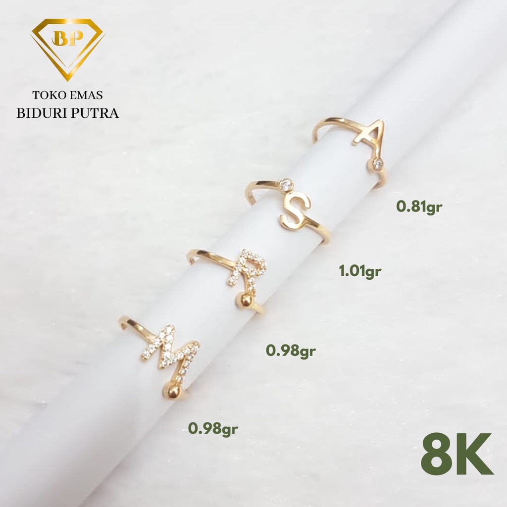 CINCIN ALPHABET HURUF PERMATA PERHIASAN EMAS ASLI KADAR 8K/375 toko emas biduri putra