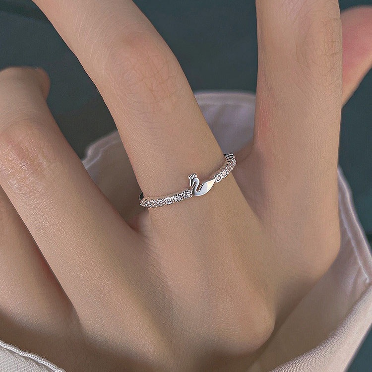 Cincin Model Terbuka Bahan 925 Silver Bentuk Angsa Kecil Aksen Berlian Gaya Korea