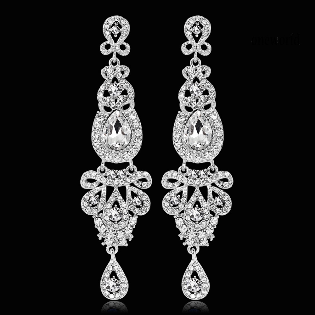 OW@ Women Retro Full Rhinestones Long Dangle Drop Chandelier Earrings Bridal Jewelry