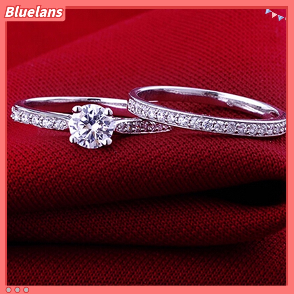 Bluelans 2Pcs Ring Shiny Cubic Zirconia Plated Silver Romantic Couple Finger Ring