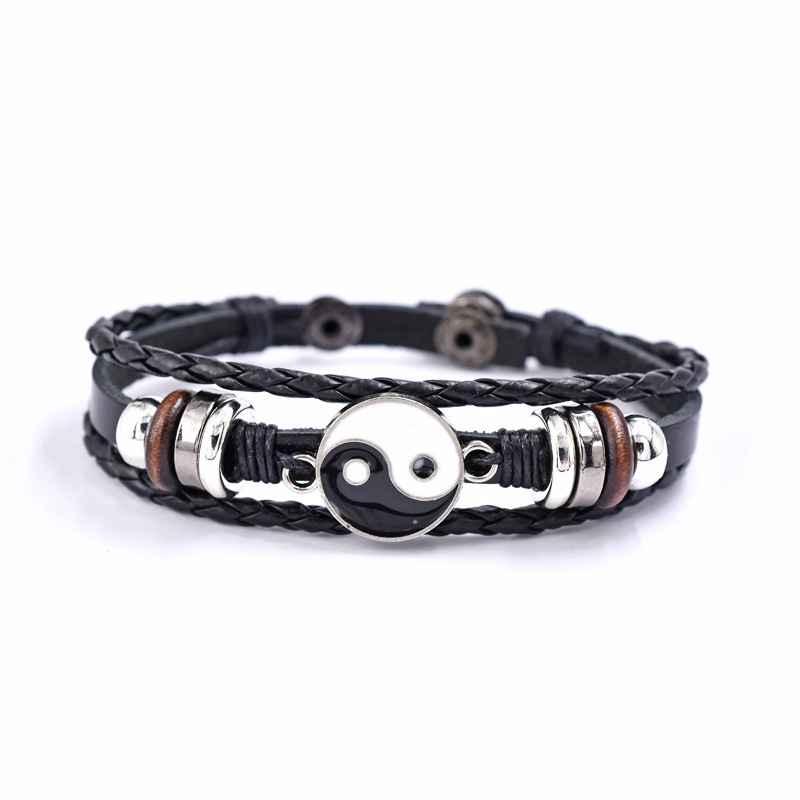 Perhiasan Gelang Rajut Bahan Kulit Aksen Manik-Manik Yin Yang Eight Trigrams Yin Yang Gaya Vintage Untuk Pria