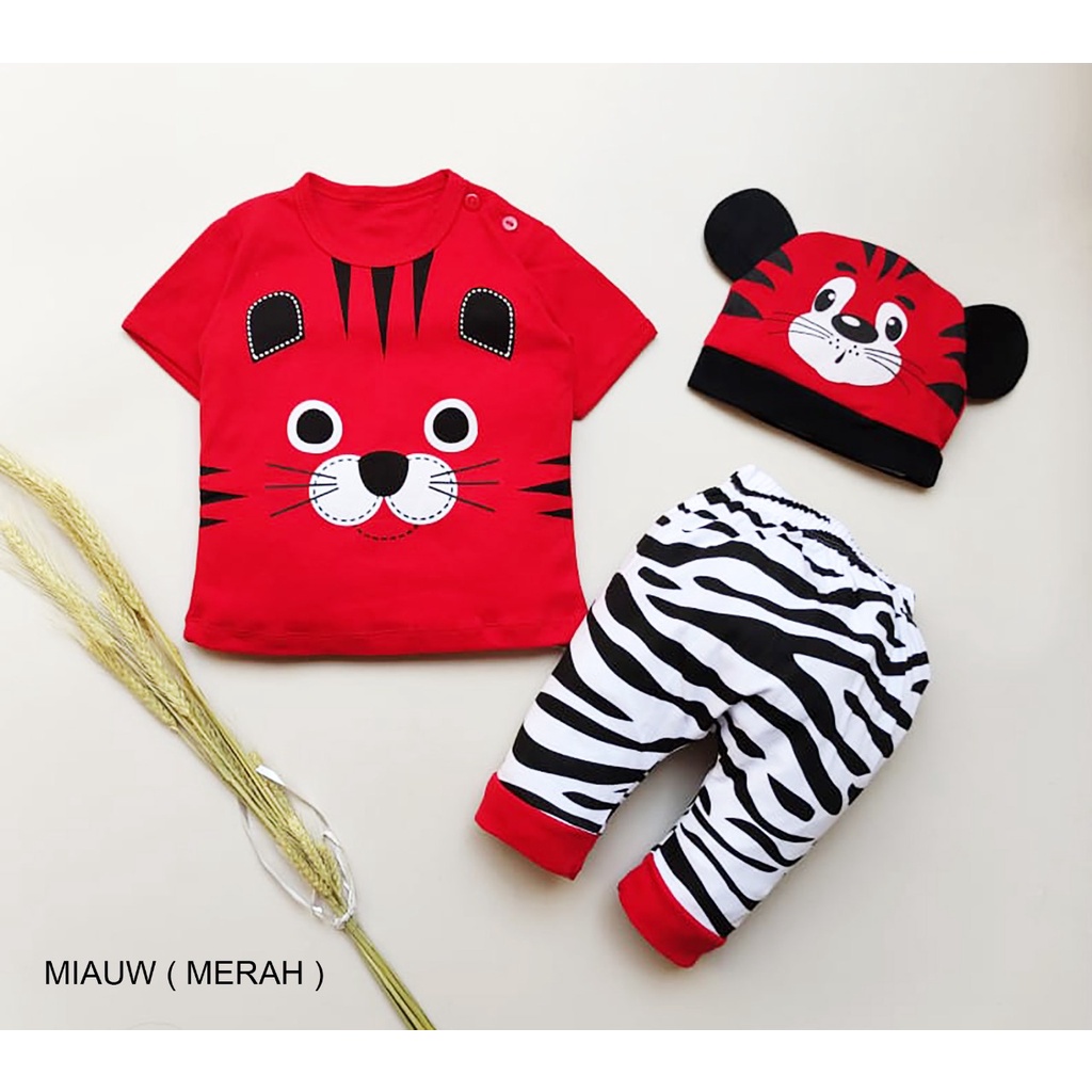 Setelan Baju Bayi Laki-Laki atau Perempuan Pakaian Anak Miauw Free Topi / 1 Ukuran