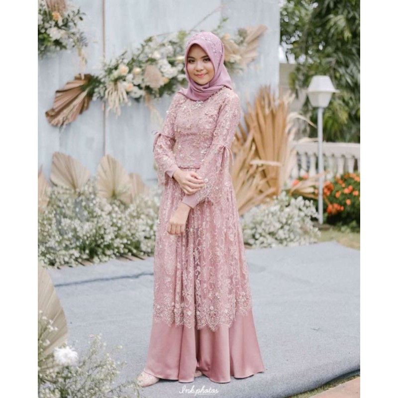 Gamis premium mewah brokat dusty pink
