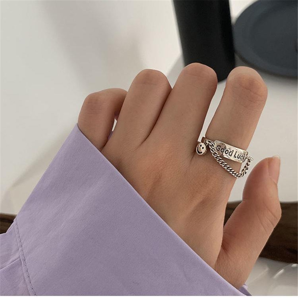 2 Pcs Korea Retro Hip Hop Keberuntungan Desain Rantai Terbuka Perak Jari Telunjuk Set Cincin untuk Pria dan Wanita