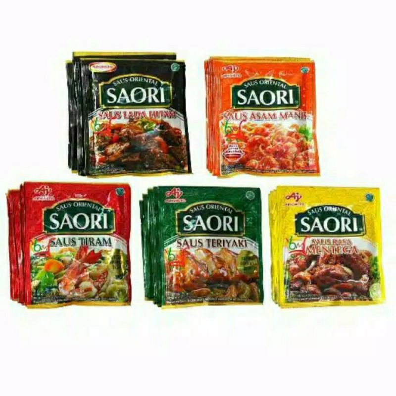 

SAORI SAUS ORIENTAL TIRAM, TERIYAKI, LADA HITAM, ASAM MANIS, MENTEGA, SAUS PEDAS 10 pcs×24 gram