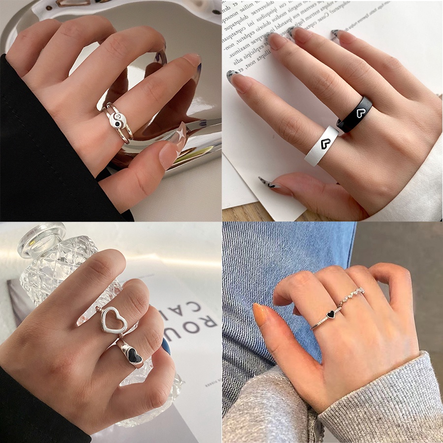 2pcs / Set Cincin Pasangan Gaya Vintage Punk Warna Hitam Untuk Wanita