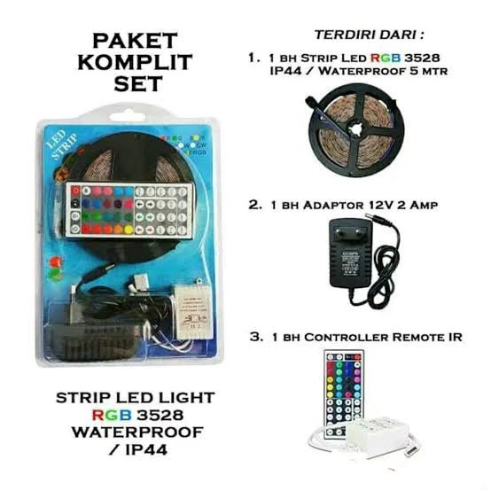 Paket Lengkap LAMPU LED STRIP 3528 - Panjang 5 Meter - IP44LED + Remote + Adaptor 12v + Modul Set