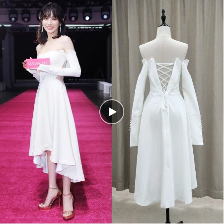 Wedding Gown Long Sleeve Satin Soft Lace Up Tea Length Bridal Gown Evening Dress Party Dress 2020