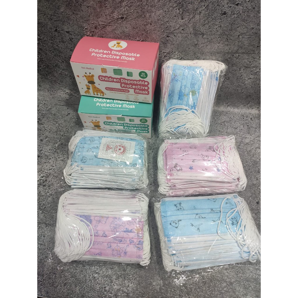 MASKER ANAK 3 PLY MURAH ISI 50PCS EARLOOP - IMPORT  UNTUK USIA 3 - 14 tahun