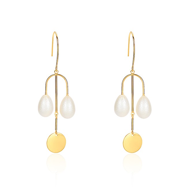 LRC Anting Gantung Fashion Gold Alloy Disc Pearl Drop Earrings F29759