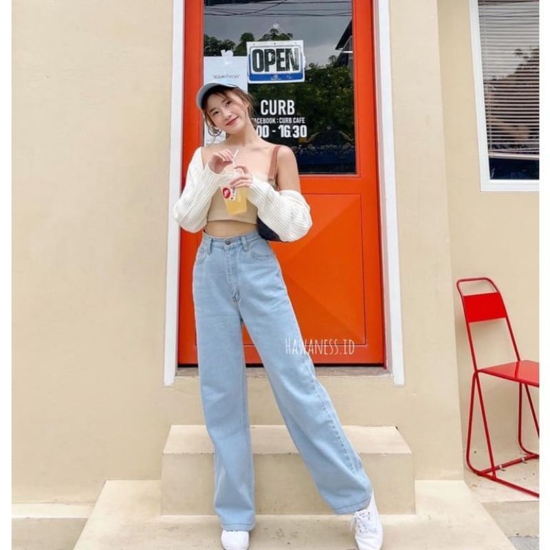 Highwaist Kulot Jeans Loose Denim Wanita