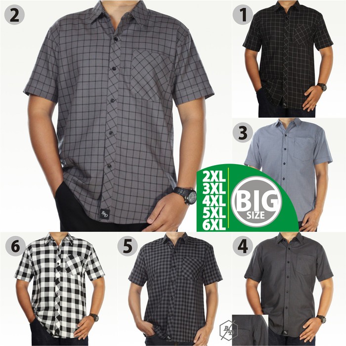 PROMO - KEMEJA PENDEK KOTAK PRIA BIG SIZE KERJA CASUAL JUMBO KATUN XXXL XXXXL - ABU-ABU, XXL