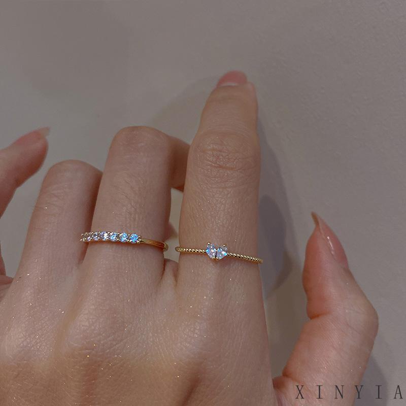 Cincin Zirkon Sederhana Set Untuk Wanita Hati Cincin Emas Aksesoris Fashion Perhiasan