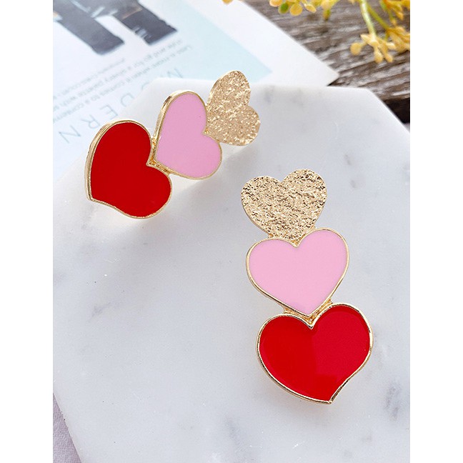 LRC Anting Tusuk Fashion Red Alloy Red Three Love Earrings F54109