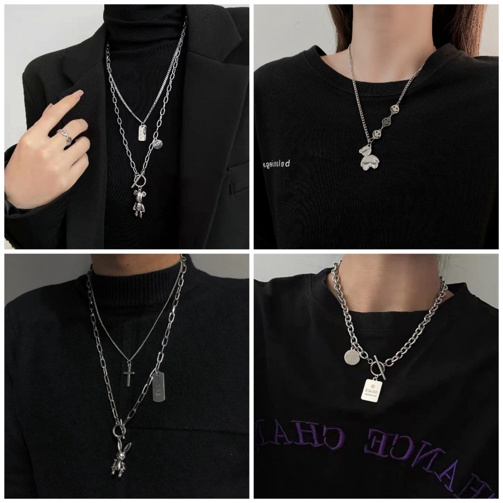 Eropa dan Amerika double-layer kalung wanita bear titanium steel rantai sweater wanita keren hip hop