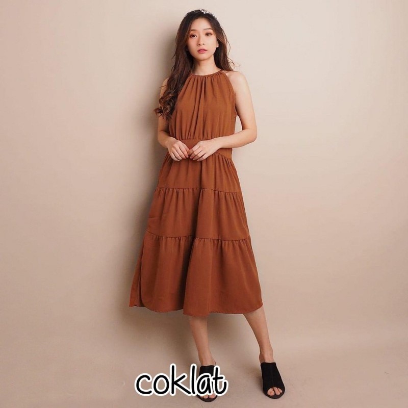 [baju wanita korea]  Long Dress Midi Pesta Casual Wanita Korea Bangkok Import Army