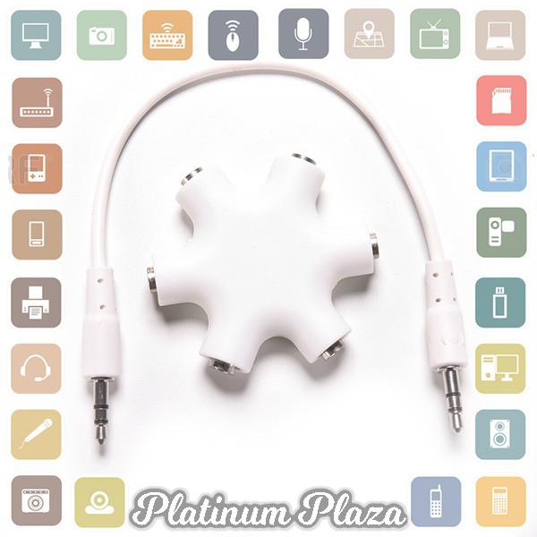 6 Way Ports Male to 5 Female Audio Earphone 3.5mm Jack Splitter Adapter - White`7APVXW-