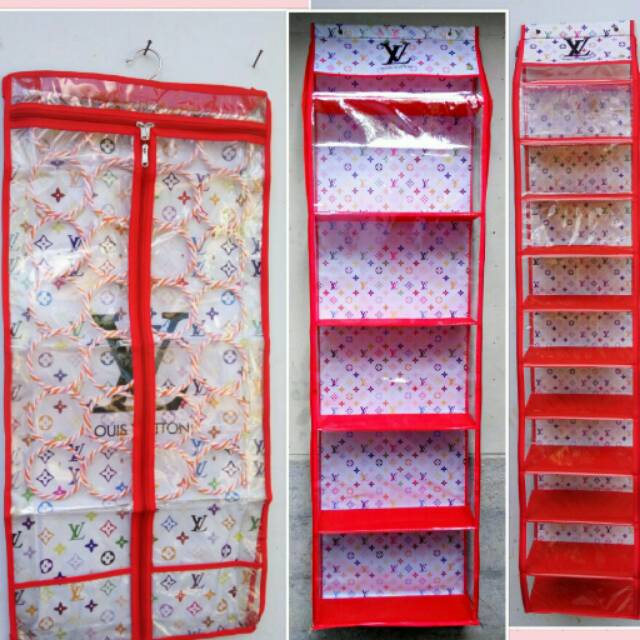 paket 3in1 (rak tas +rak sepatu +rak jilbab ring), lv merah
